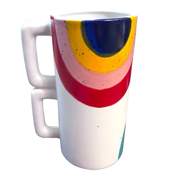 Double Handle Tall Colorful Rainbow Mug Vase Pottery Artsy Fun Unique Quirky 8” - Picture 1 of 8